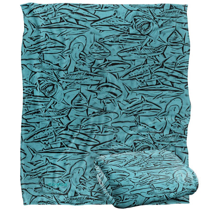 Blue-Black - Back - Royce McClure Silky Great White Shark Woodcut Supersoft Blanket
