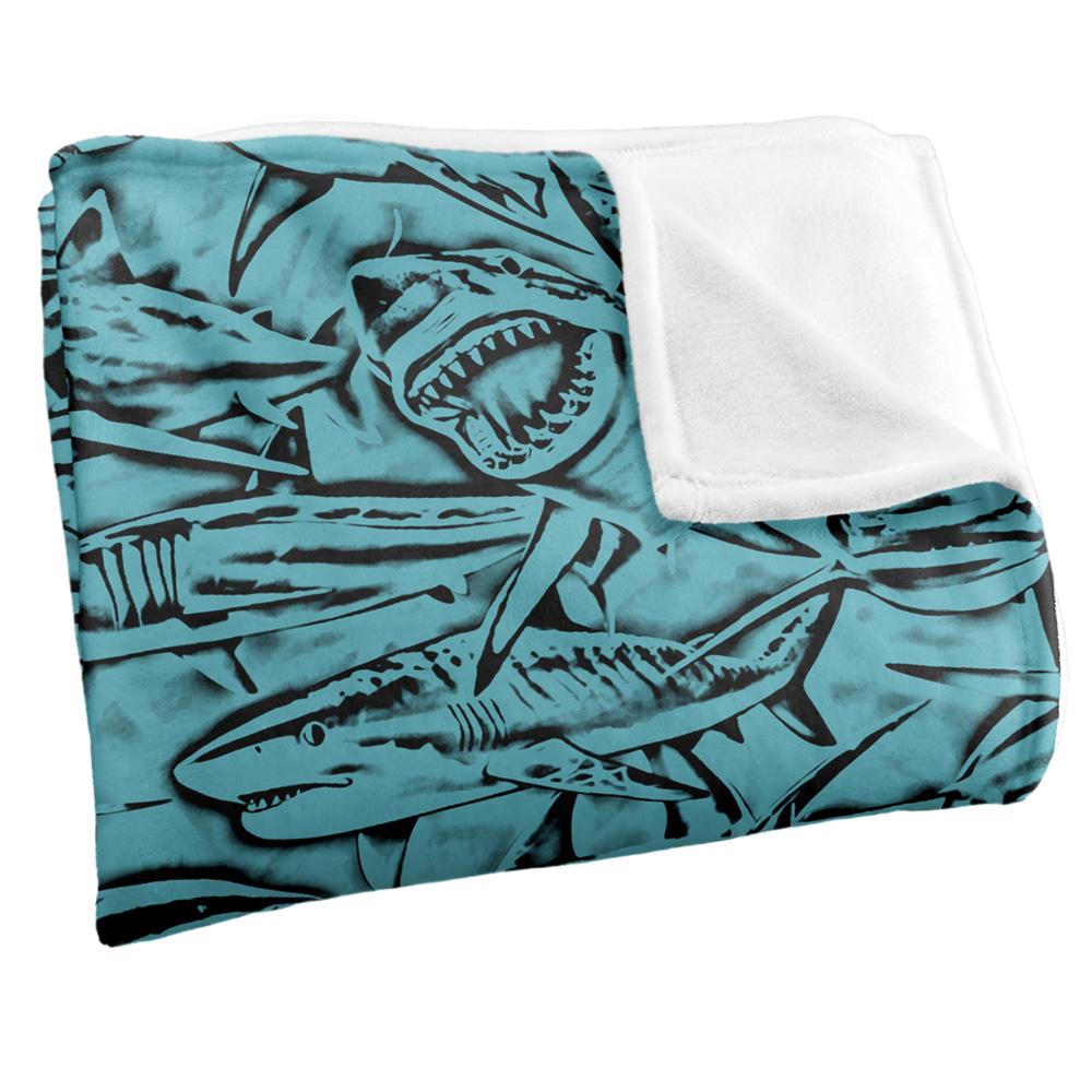 Blue-Black - Side - Royce McClure Silky Great White Shark Woodcut Supersoft Blanket