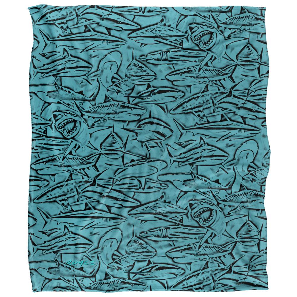 Blue-Black - Front - Royce McClure Silky Great White Shark Woodcut Supersoft Blanket