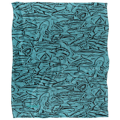 Blue-Black - Front - Royce McClure Silky Great White Shark Woodcut Supersoft Blanket