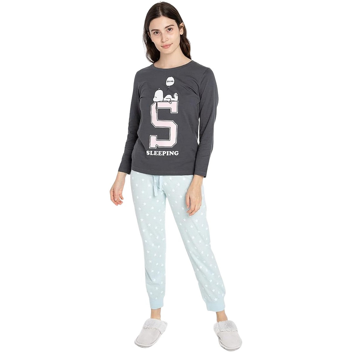 Black-Blue - Front - Peanuts Womens-Ladies Shhh Sleeping Snoopy Long Pyjama Set