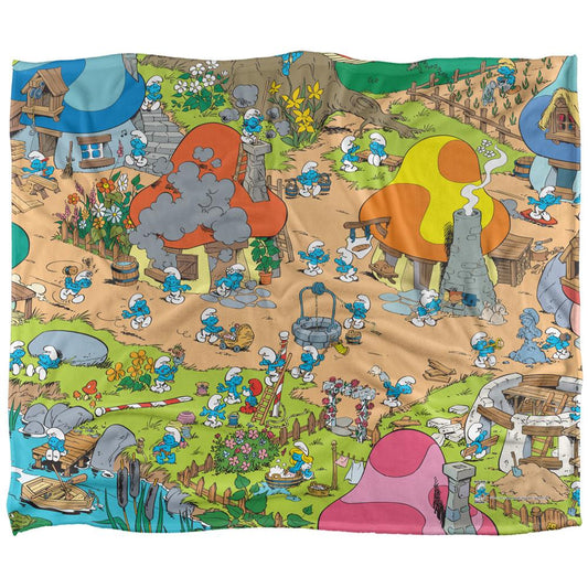 Multicoloured - Front - The Smurfs Silky Village Supersoft Blanket