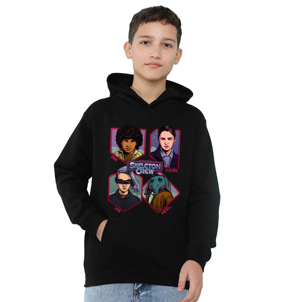 Black - Front - Star Wars: Skeleton Crew Childrens-Kids Hero Badges Hoodie