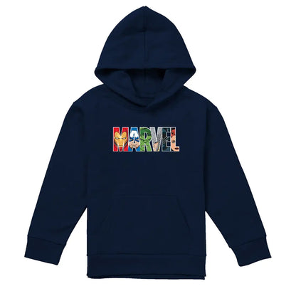 Navy - Front - The Avengers Childrens-Kids Brick Logo Pullover Hoodie