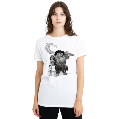 White - Front - Moana Womens-Ladies Moana & Maui Sketch T-Shirt