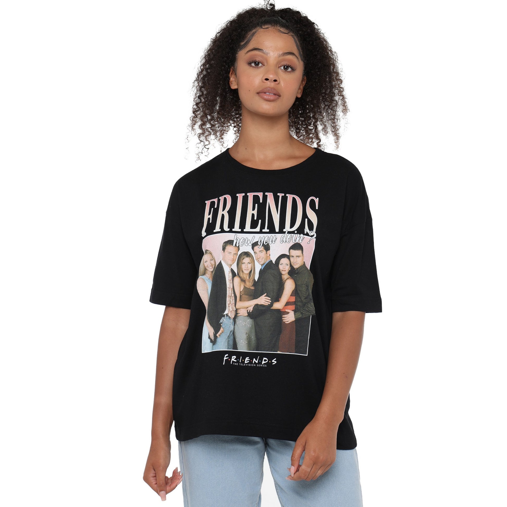Black - Side - Friends Womens-Ladies 90s Style Montage T-Shirt