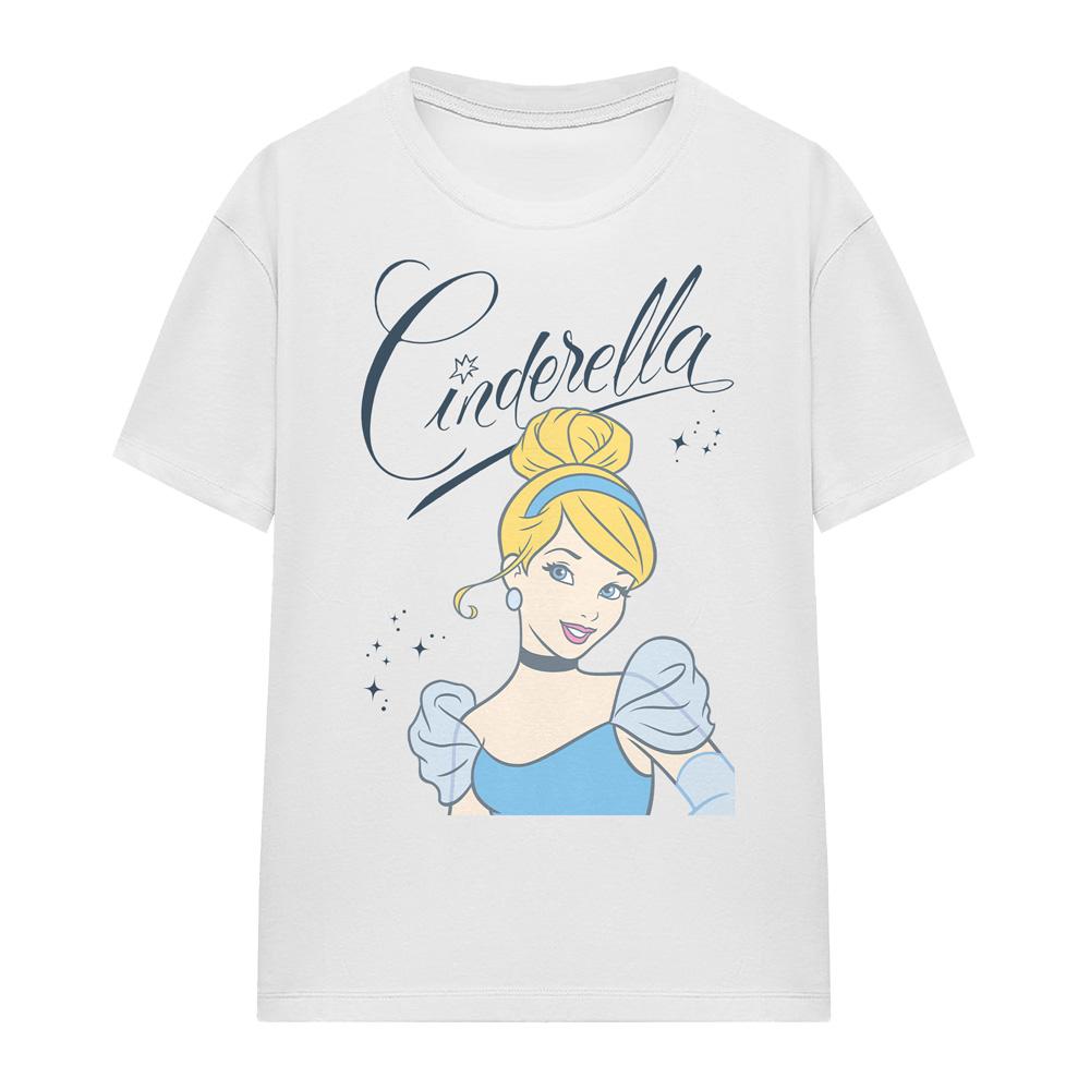 White - Side - Cinderella Womens-Ladies Headshot With Fancy Script T-Shirt