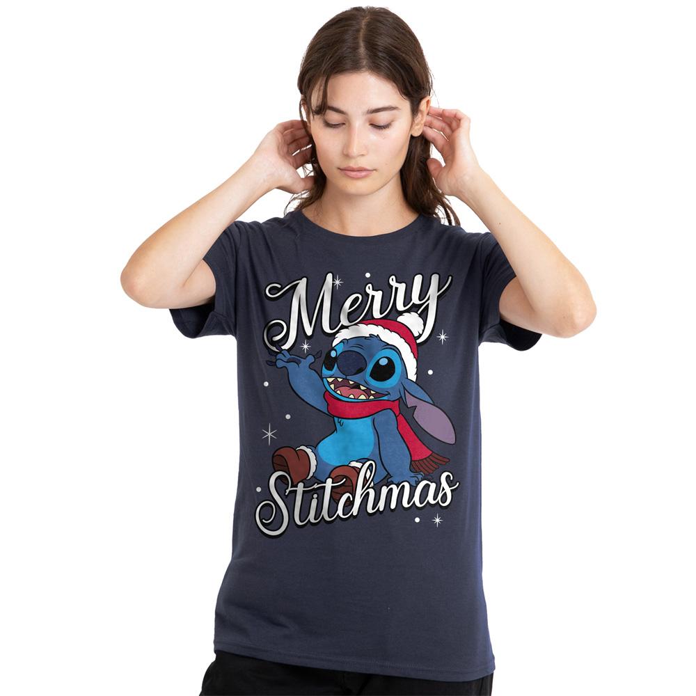 Deep Navy - Lifestyle - Lilo & Stitch Womens-Ladies Merry Stitchmas Santa Hat T-Shirt