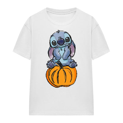 White - Side - Lilo & Stitch Womens-Ladies Pumpkin Sketch T-Shirt