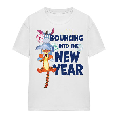 White - Side - Winnie the Pooh Womens-Ladies Bouncing Into The New Year T-Shirt