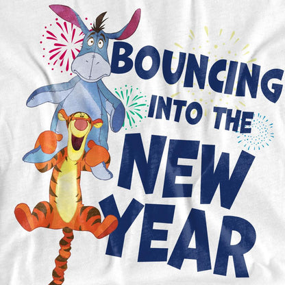 White - Pack Shot - Winnie the Pooh Womens-Ladies Bouncing Into The New Year T-Shirt
