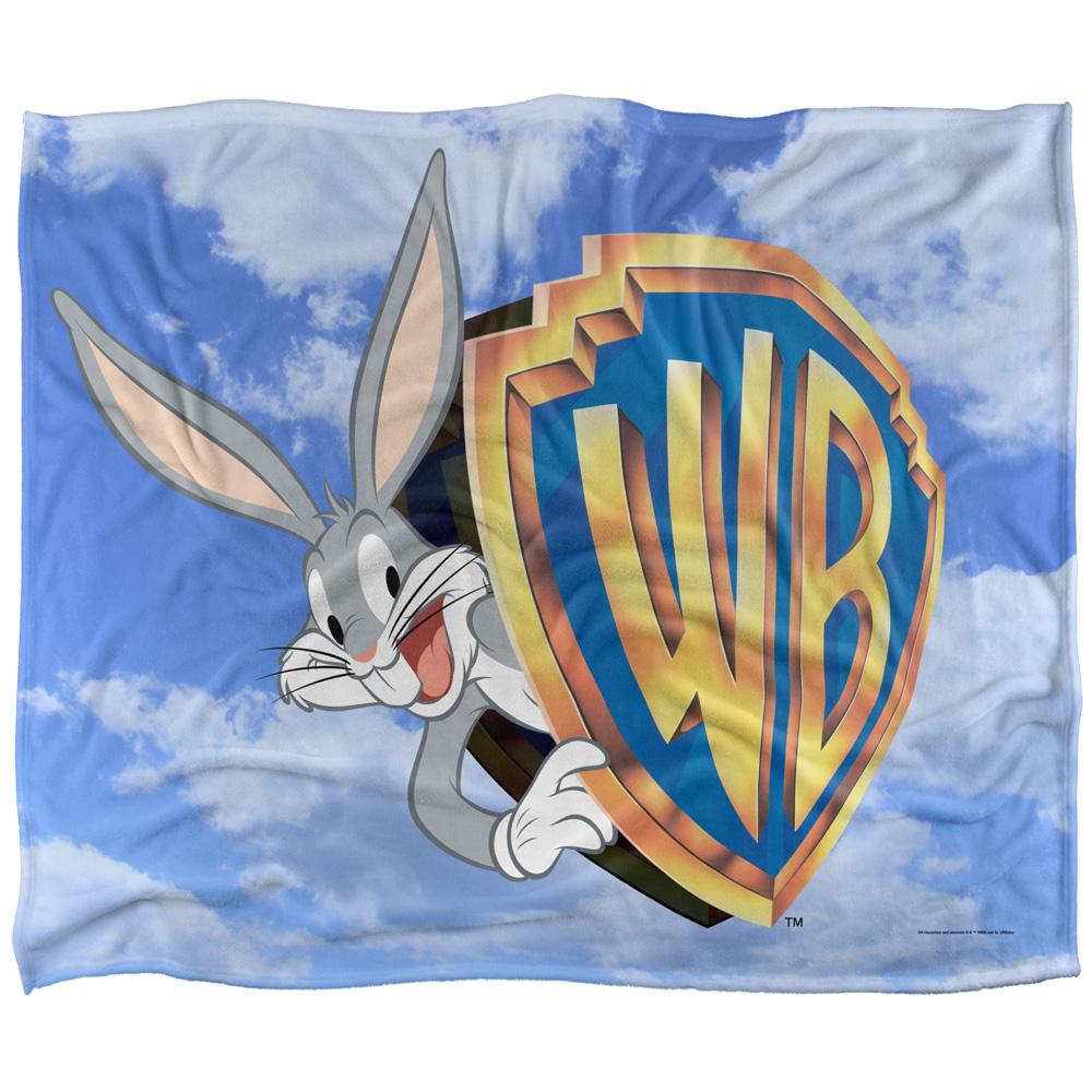Blue-Grey-Gold - Front - Warner Bros Vault Silky Logo Bugs Bunny Supersoft Blanket