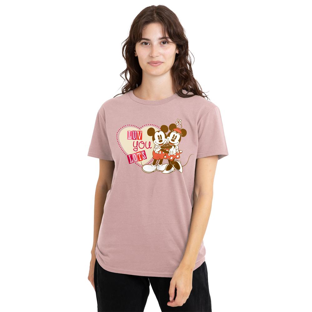 Pink - Front - Disney Womens-Ladies Luv You Lots! Mickey & Minnie Mouse Vintage Valentine`s Day T-Shirt