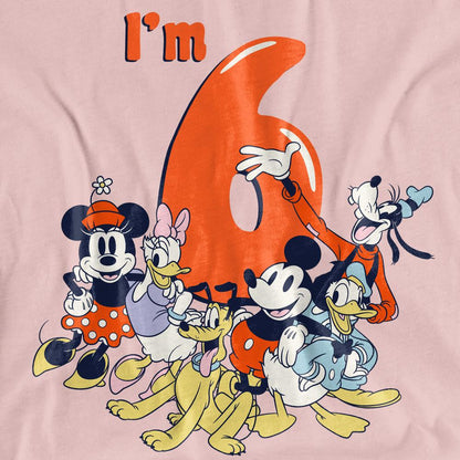 Pink - Side - Mickey Mouse & Friends Womens-Ladies Vintage Group 6th Birthday T-Shirt