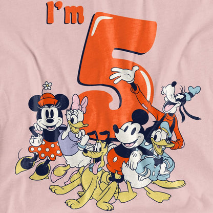 Pink - Side - Mickey Mouse & Friends Womens-Ladies Vintage Group 5th Birthday T-Shirt