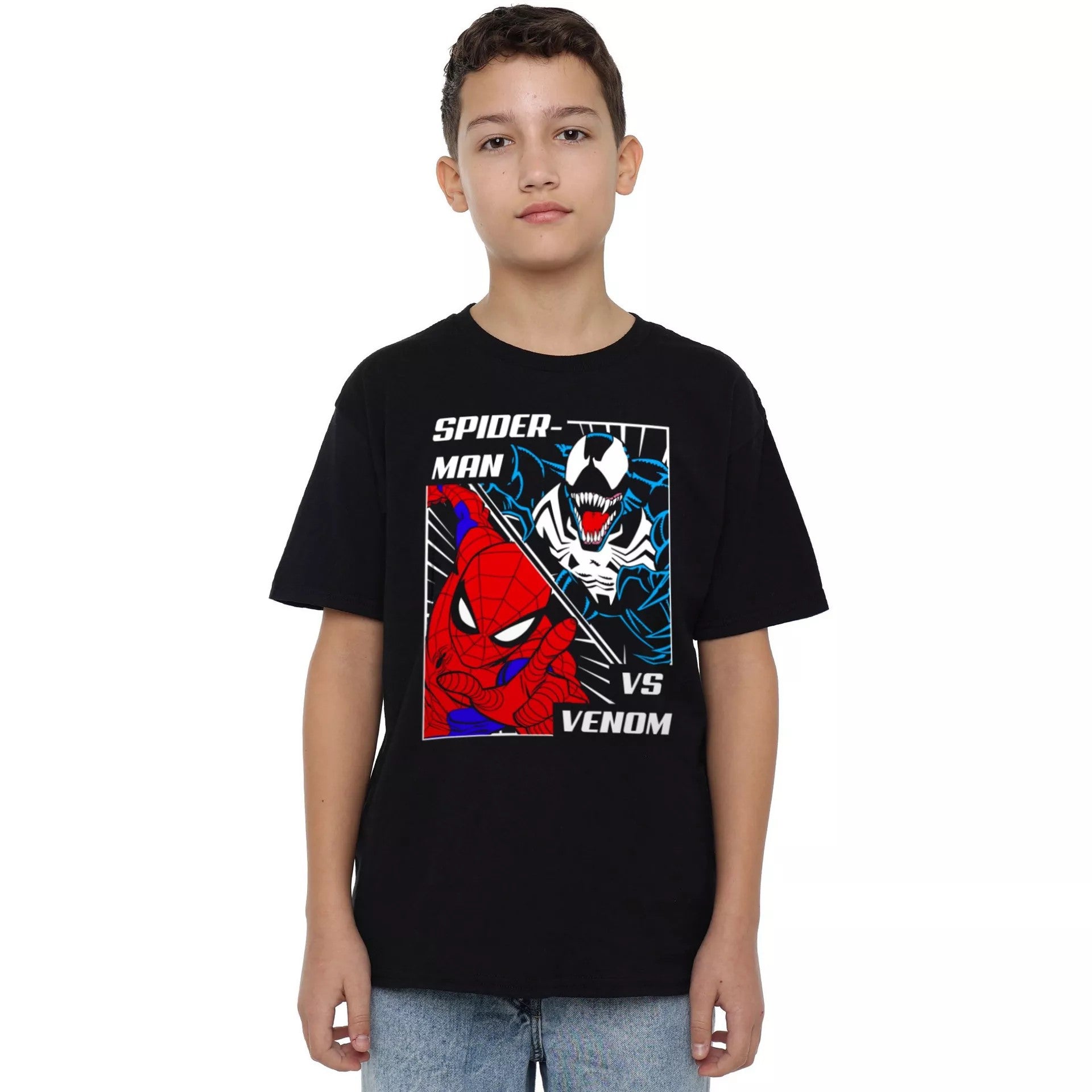 Black - Side - Spider-Man Childrens-Kids Venom Face Off T-Shirt