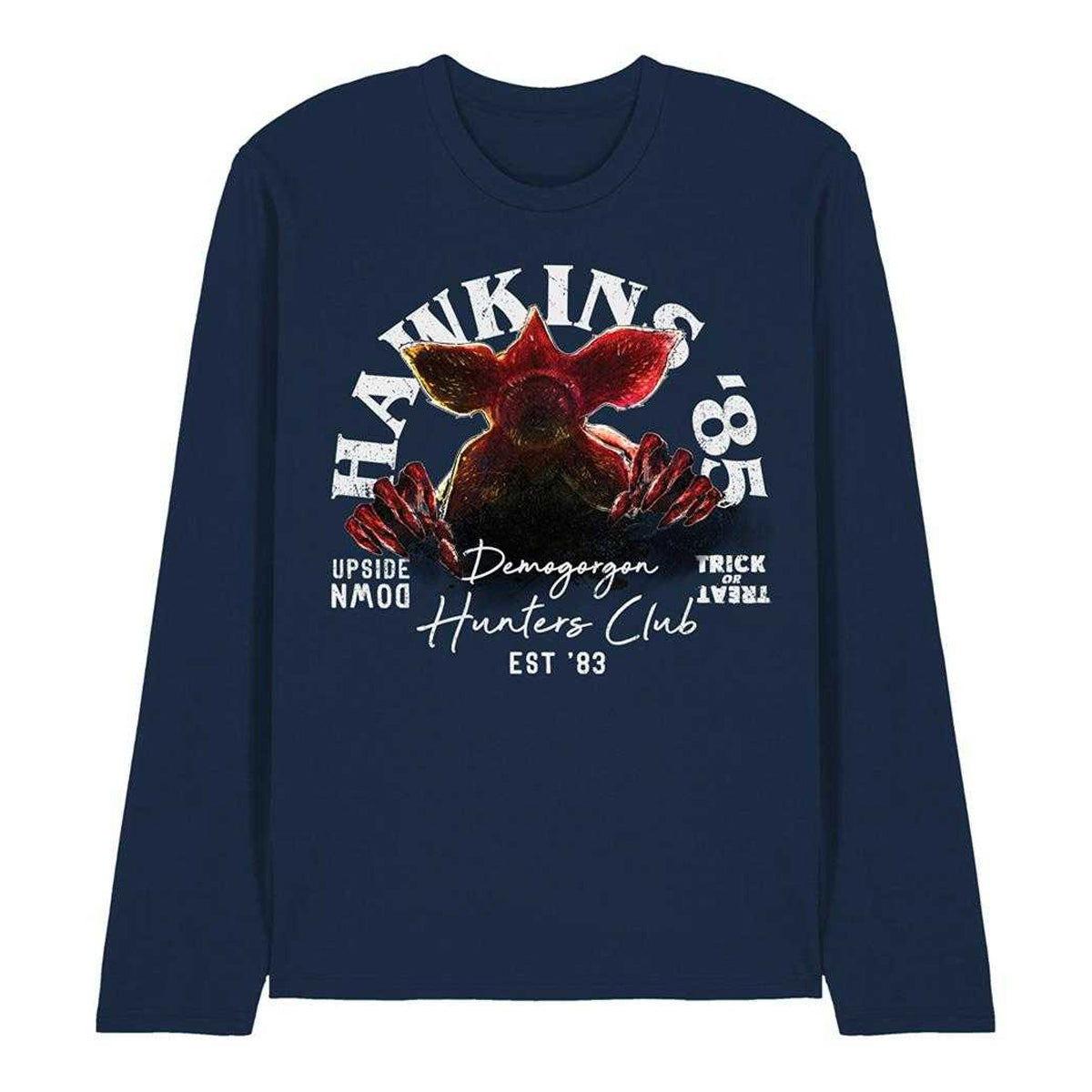 Navy - Front - Stranger Things Unisex Adult Hawkins 85 Demogorgon Long-Sleeved T-Shirt