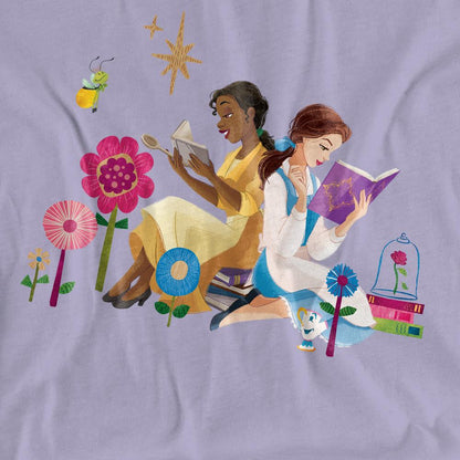 Lavender - Side - Disney Princess Womens-Ladies Love To Read Tiana & Belle T-Shirt