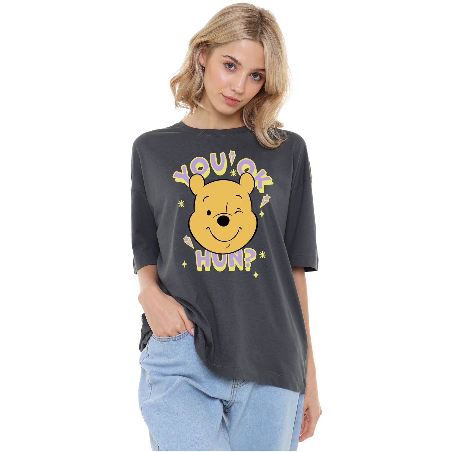 Dark Charcoal - Side - Winnie the Pooh Womens-Ladies You Ok Hun? Oversized T-Shirt