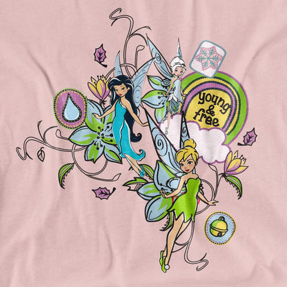 Pink - Side - Disney Fairies Womens-Ladies Young And Free Tinker Bell & Periwinkle T-Shirt