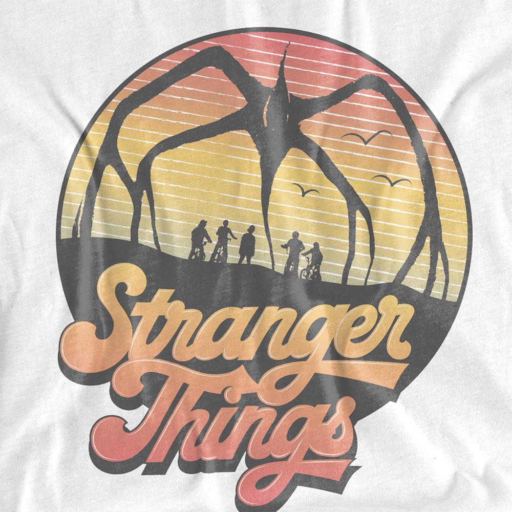 White - Side - Stranger Things Womens-Ladies 80s Sunset Group Mind Flayer T-Shirt