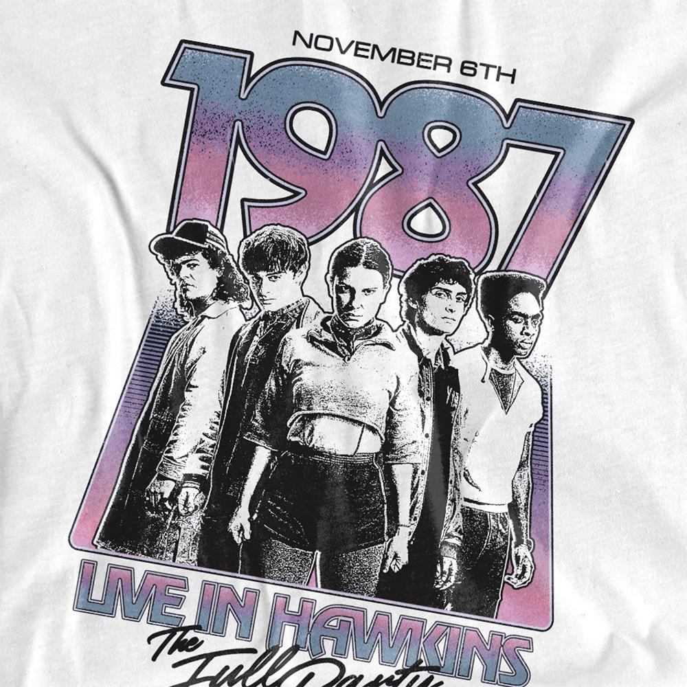 White - Side - Stranger Things Womens-Ladies Hawkins 1987 Group Tour Poster T-Shirt