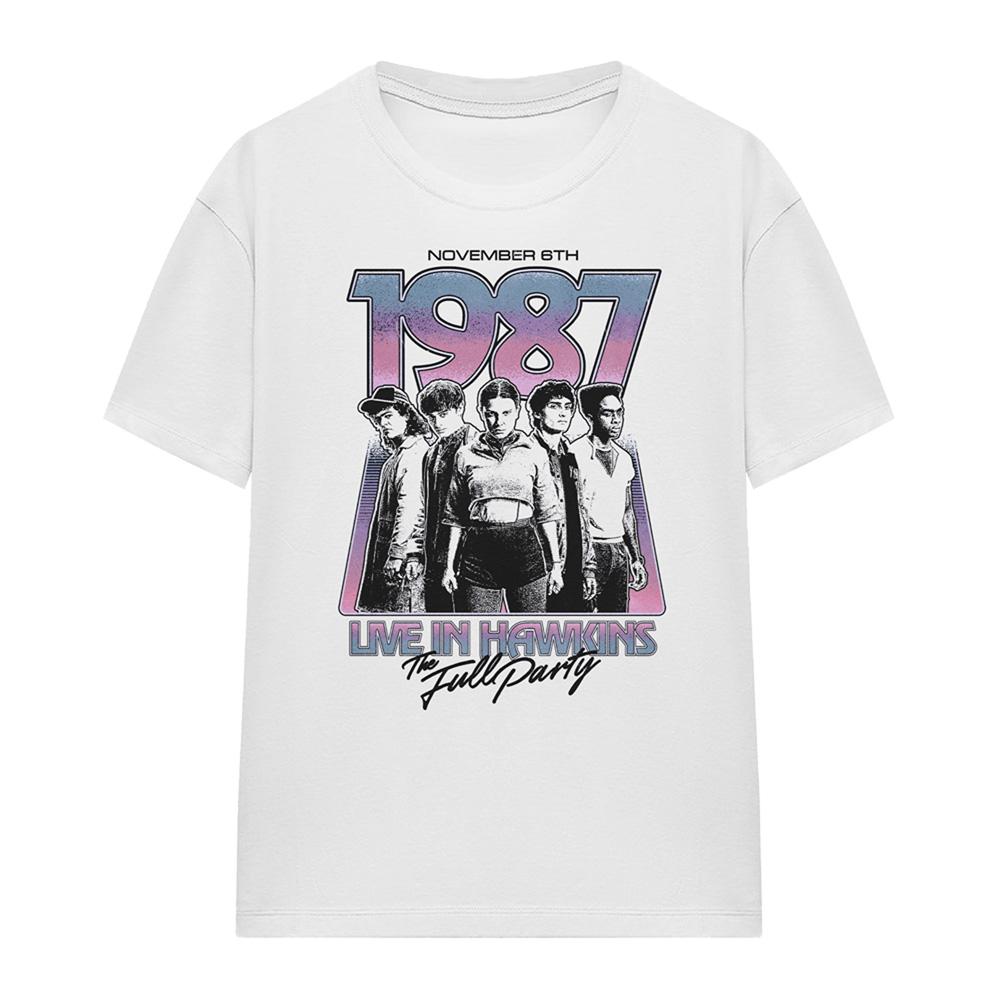 White - Front - Stranger Things Womens-Ladies Hawkins 1987 Group Tour Poster T-Shirt