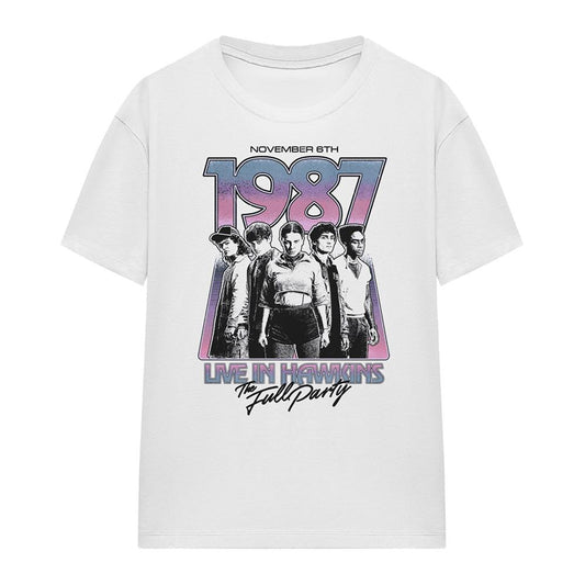 White - Front - Stranger Things Womens-Ladies Hawkins 1987 Group Tour Poster T-Shirt