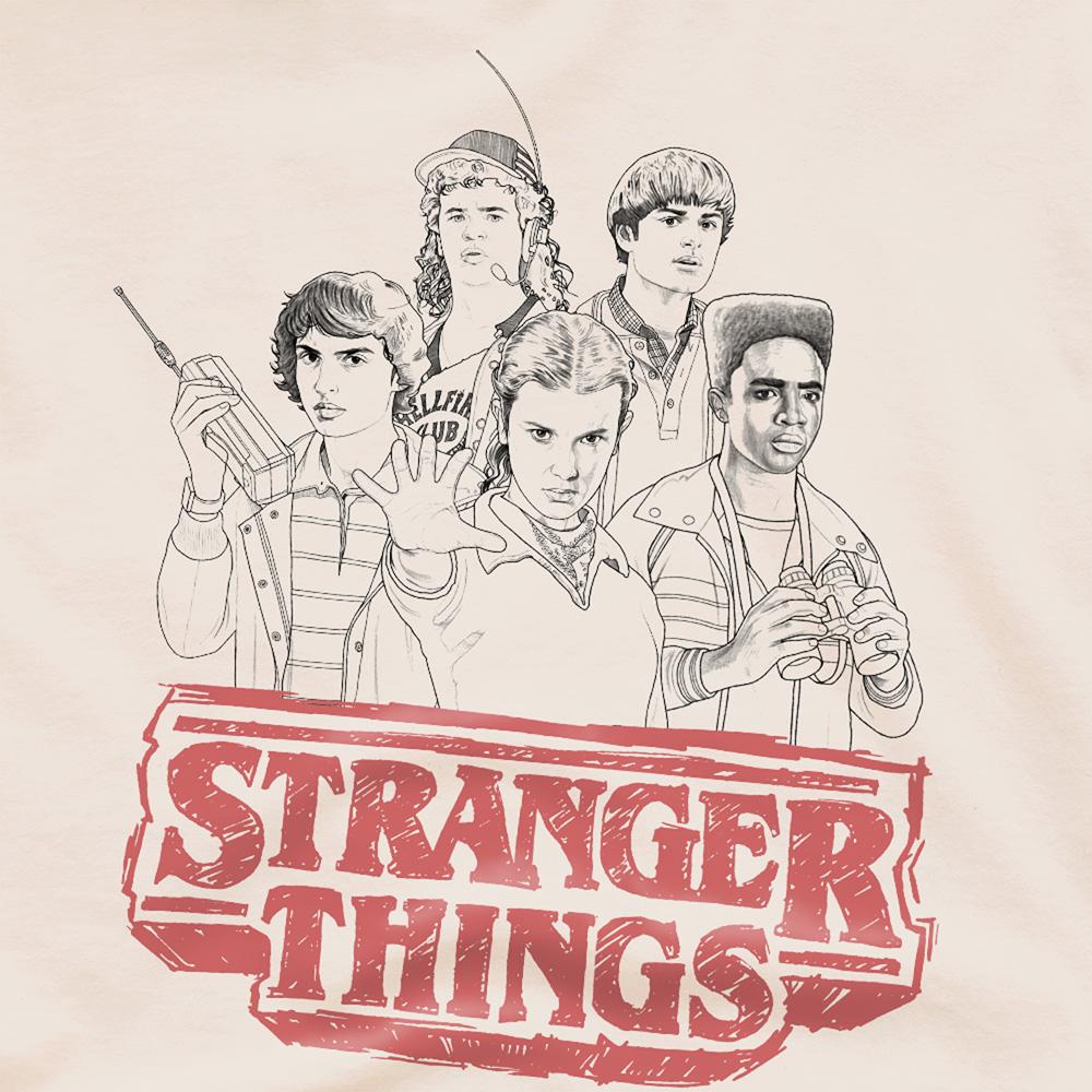 Natural - Side - Stranger Things 5 Unisex Adult Group Sketch Logo T-Shirt