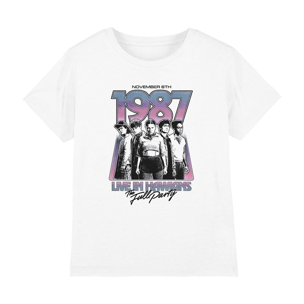 White - Front - Stranger Things Childrens-Kids Hawkins 1987 Group Tour Poster T-Shirt