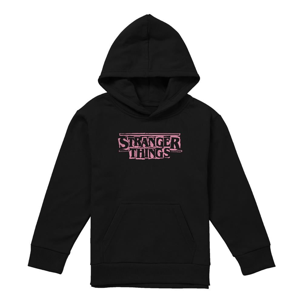 Black - Front - Stranger Things Childrens-Kids Punk Logo Hoodie