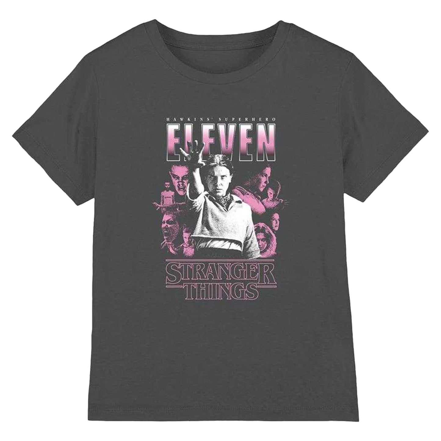 Charcoal - Front - Stranger Things Childrens-Kids Eleven Poster T-Shirt