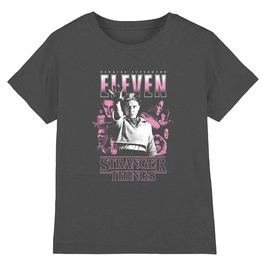 Charcoal - Front - Stranger Things Childrens-Kids Eleven Poster T-Shirt