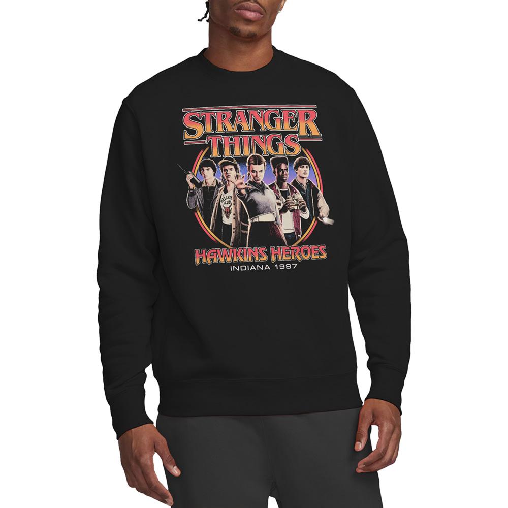 Black - Side - Stranger Things Unisex Adult Hawkins Heroes Group 1987 Sweatshirt