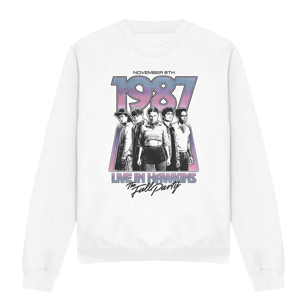 White - Front - Stranger Things Unisex Adult Hawkins 1987 Group Tour Poster Sweatshirt