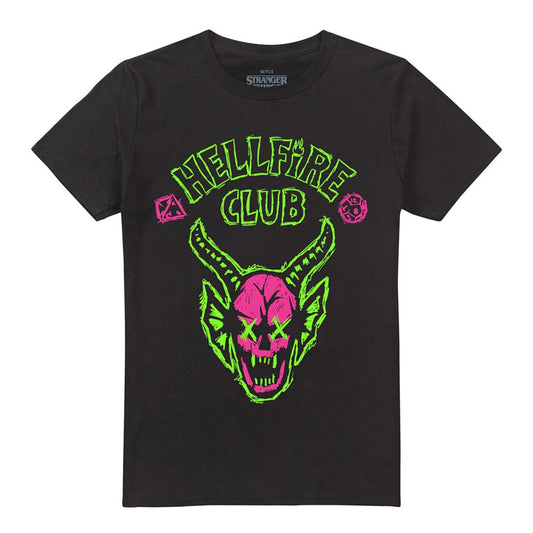 Black - Front - Stranger Things 5 Unisex Adult Hellfire Neon Graffiti Logo T-Shirt
