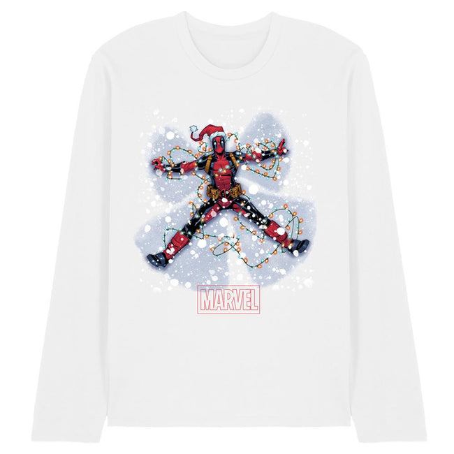 White - Front - Deadpool Unisex Adult Snow Angels Long-Sleeved Christmas T-Shirt