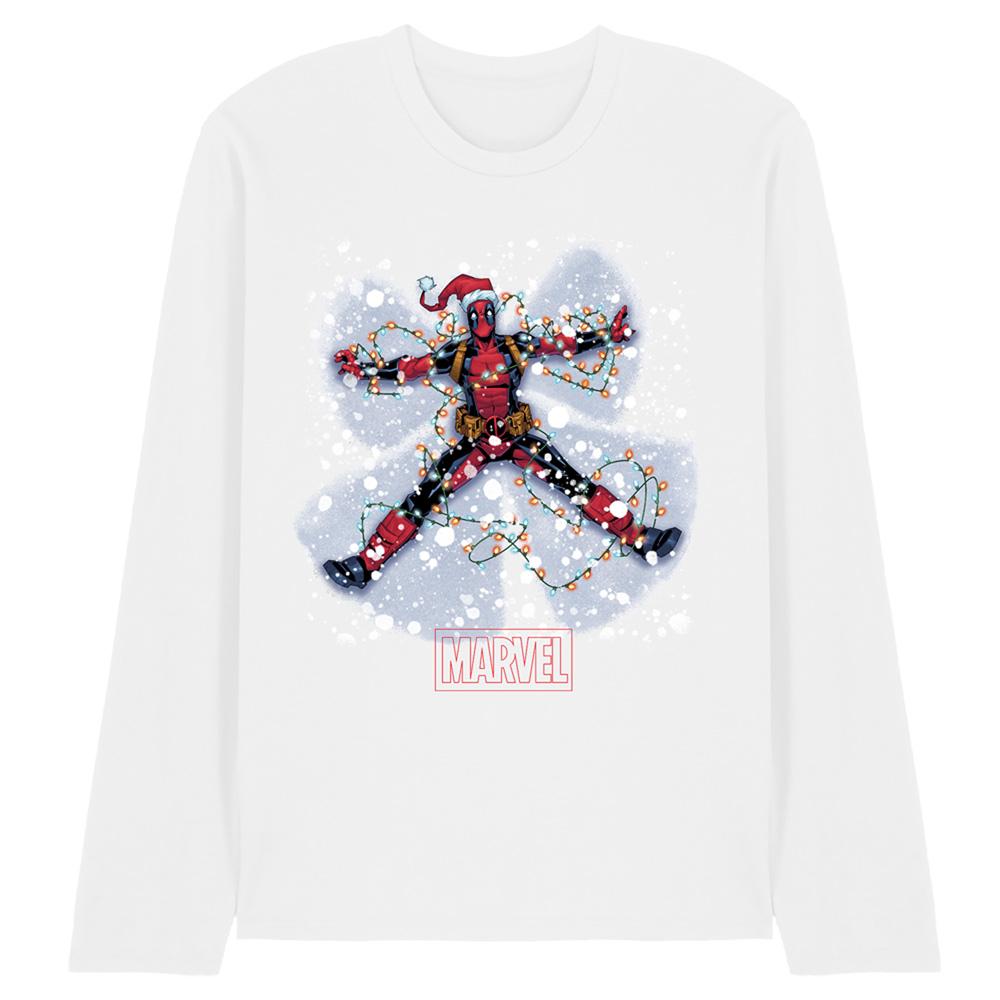 White - Front - Deadpool Unisex Adult Snow Angels Long-Sleeved Christmas T-Shirt