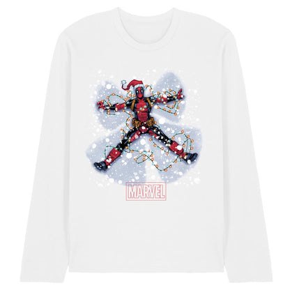 White - Front - Deadpool Unisex Adult Snow Angels Long-Sleeved Christmas T-Shirt