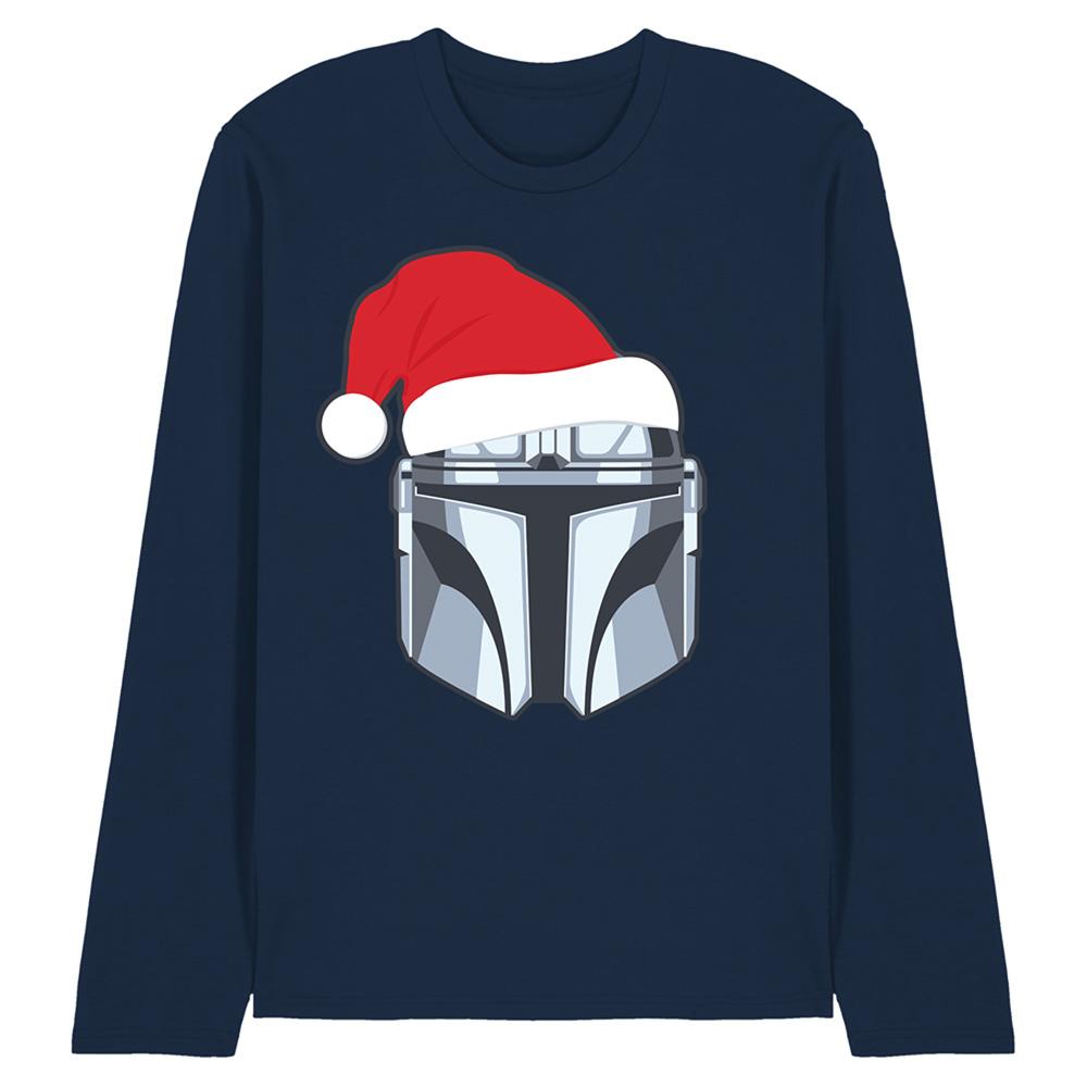 Navy - Front - Star Wars: The Mandalorian Unisex Adult Mando Long-Sleeved Christmas T-Shirt