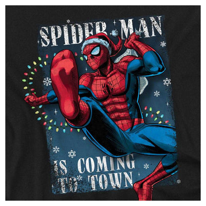 Black - Side - Spider-Man Unisex Adult Is Coming To Town Long-Sleeved Christmas T-Shirt