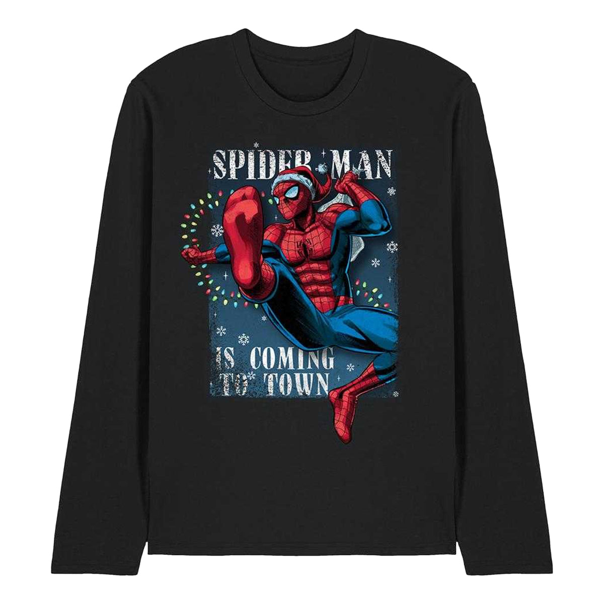 Black - Front - Spider-Man Unisex Adult Is Coming To Town Long-Sleeved Christmas T-Shirt