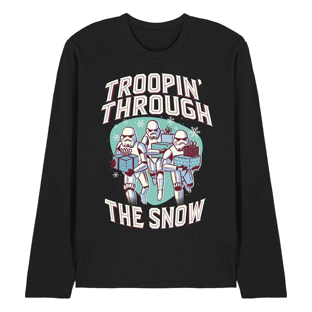 Black - Front - Star Wars Unisex Adult Troopin´ Through The Snow Retro Long-Sleeved Christmas T-Shirt