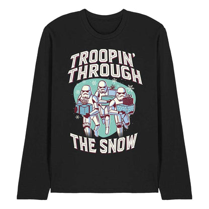 Black - Front - Star Wars Unisex Adult Troopin´ Through The Snow Retro Long-Sleeved Christmas T-Shirt