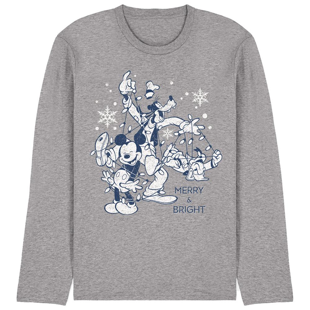 Athletic - Front - Disney Unisex Adult Merry, Bright And Tied Up In Lights Mickey Mouse Heather Long-Sleeved T-Shirt