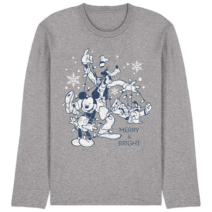 Athletic - Front - Disney Unisex Adult Merry, Bright And Tied Up In Lights Mickey Mouse Heather Long-Sleeved T-Shirt