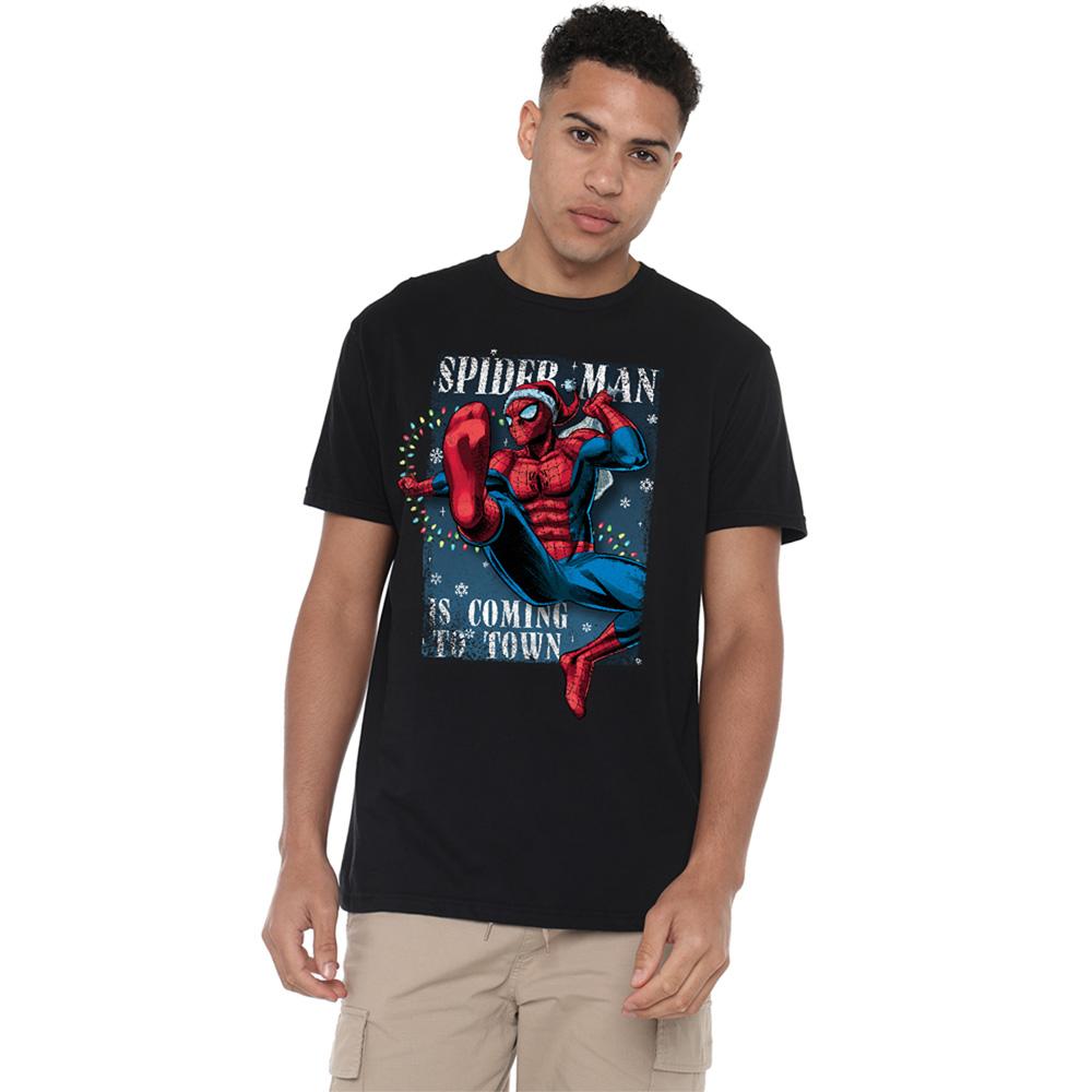 Black - Side - Spider-Man Unisex Adult Is Coming To Town Christmas T-Shirt