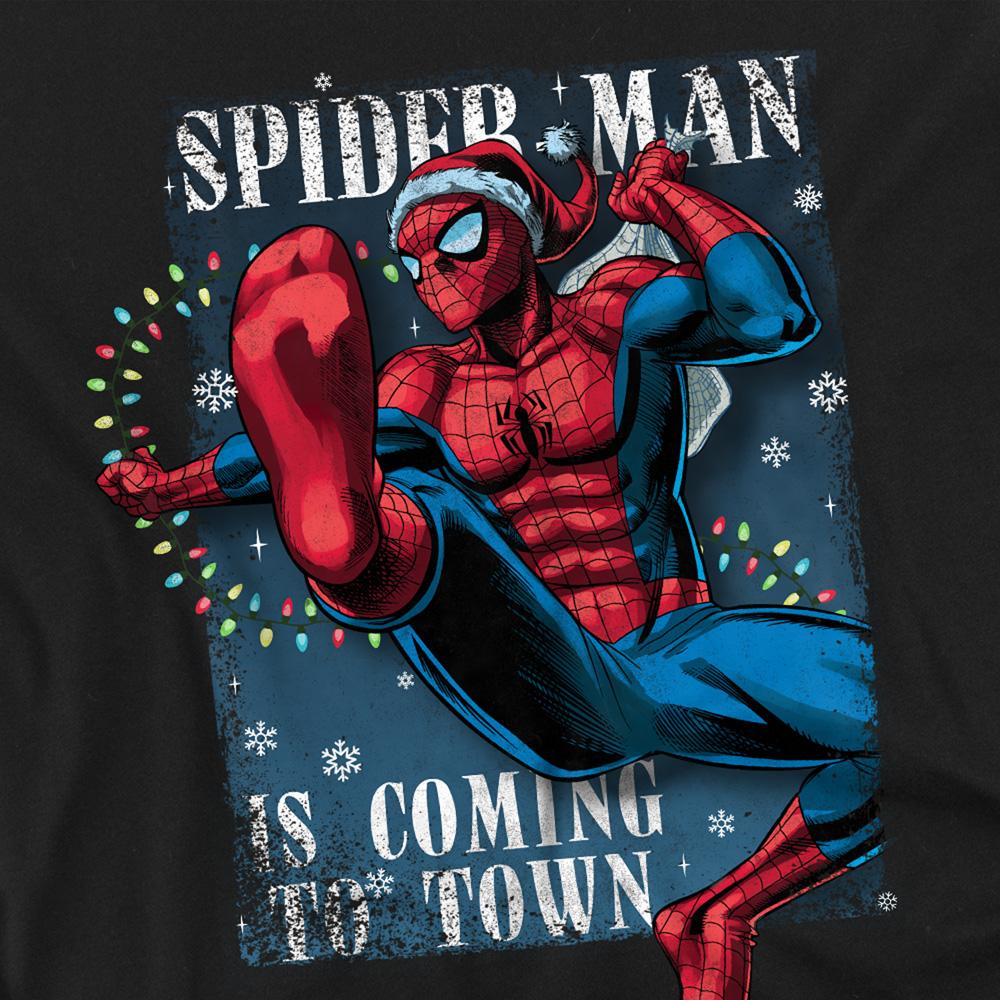 Black - Pack Shot - Spider-Man Unisex Adult Is Coming To Town Christmas T-Shirt