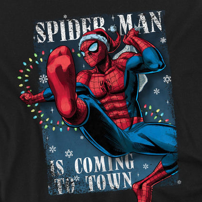 Black - Pack Shot - Spider-Man Unisex Adult Is Coming To Town Christmas T-Shirt