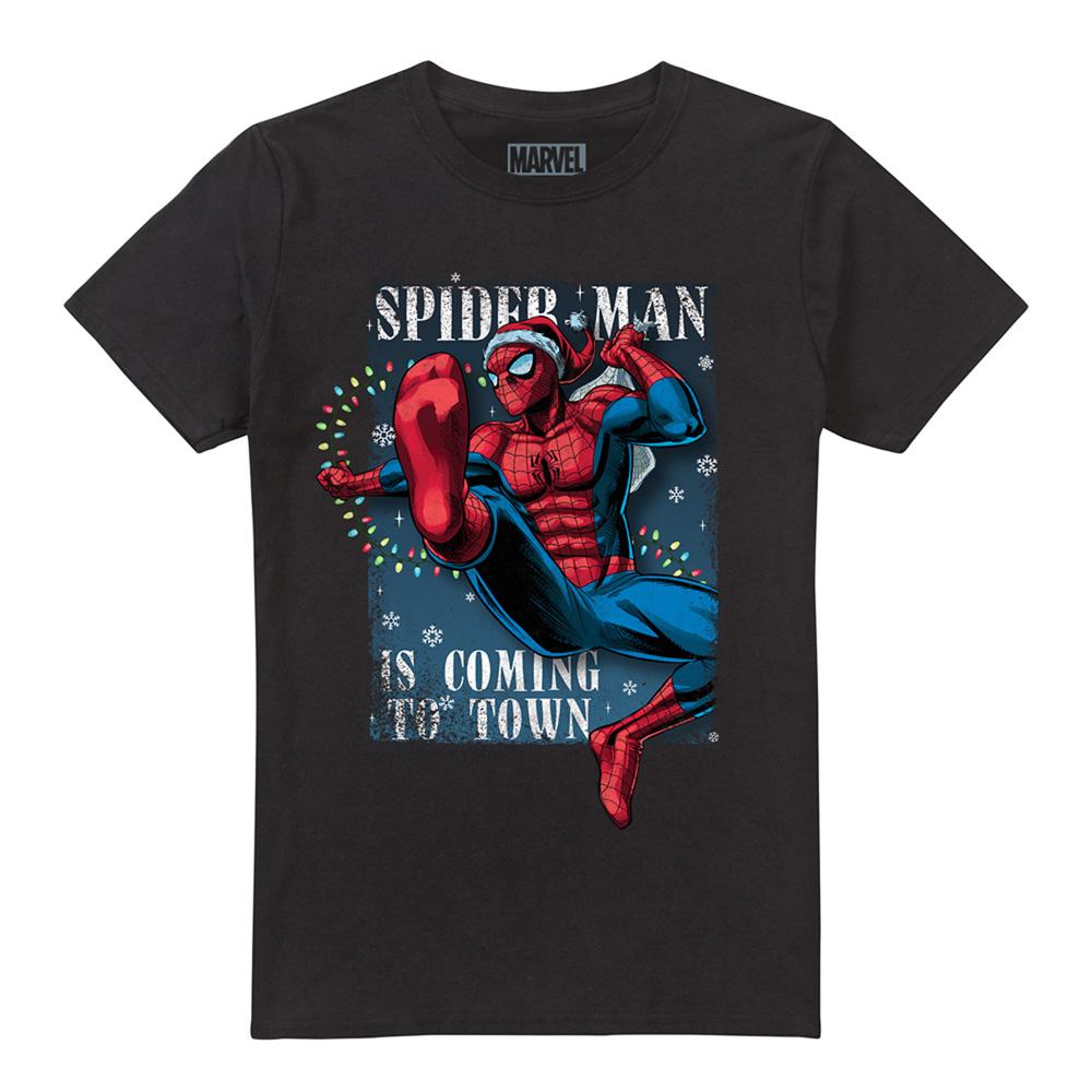 Black - Front - Spider-Man Unisex Adult Is Coming To Town Christmas T-Shirt